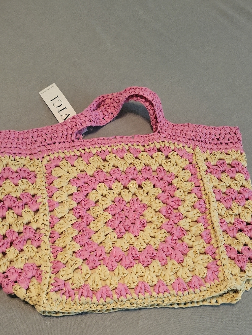 NWT VICI Handmade Pink and Cream Crochet Tote Bag